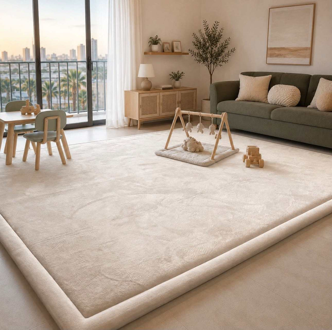 Plush beige area rug with a soft, solid-color surface and thick cushioned edges, How to Make a Rug More Comfortable: Rug Pad vs Memory Foam Mat