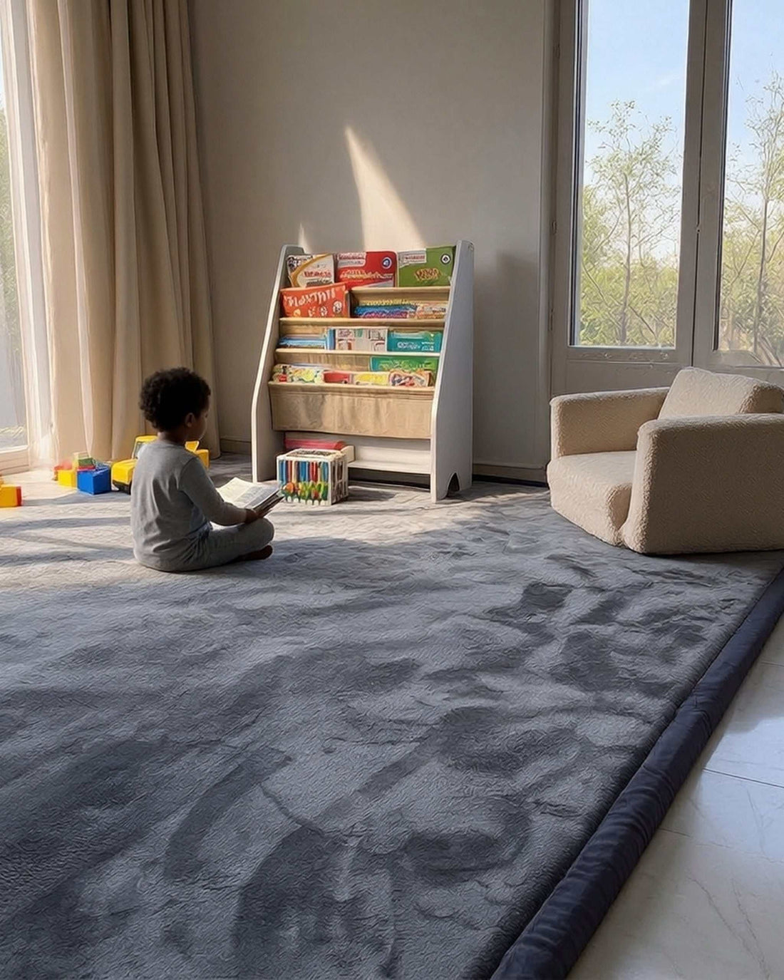 Dark Grey Misk Mat 35mm memory foam kids play mat in a family reading room