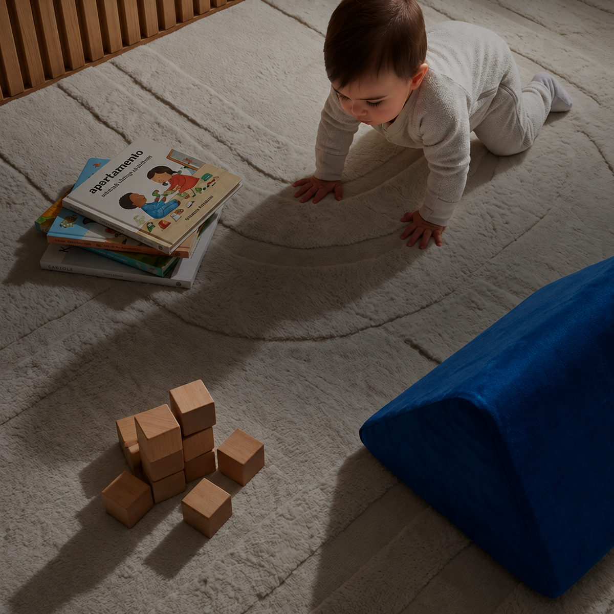 Baby crawling on an vanilla cream Misk Mat memory foam mat beside books and wooden blocks.