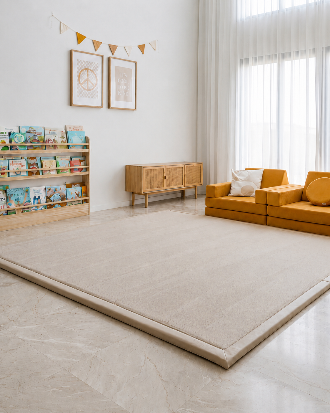 Large beige Misk Mat 35mm memory foam mat in a modern kids' room with a mustard sofa, bookshelf and bunting decor.