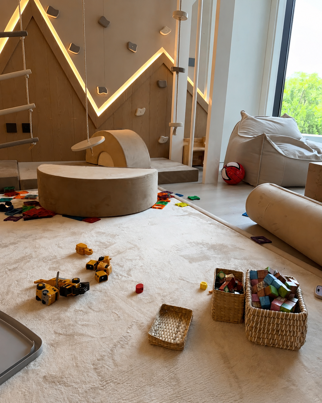 Beige Misk Mat memory foam mat in a play area with a soft climbing tunnel, bean bag chair and baskets of building blocks.