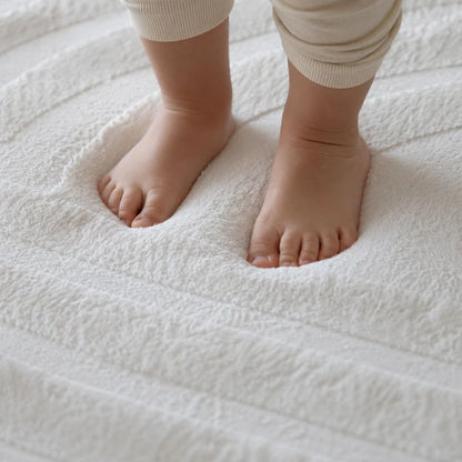 Close-up of toddler feet sinking into a soft white 35mm Misk Mat memory foam play mat, showing plush cushioning for kids and family spaces.