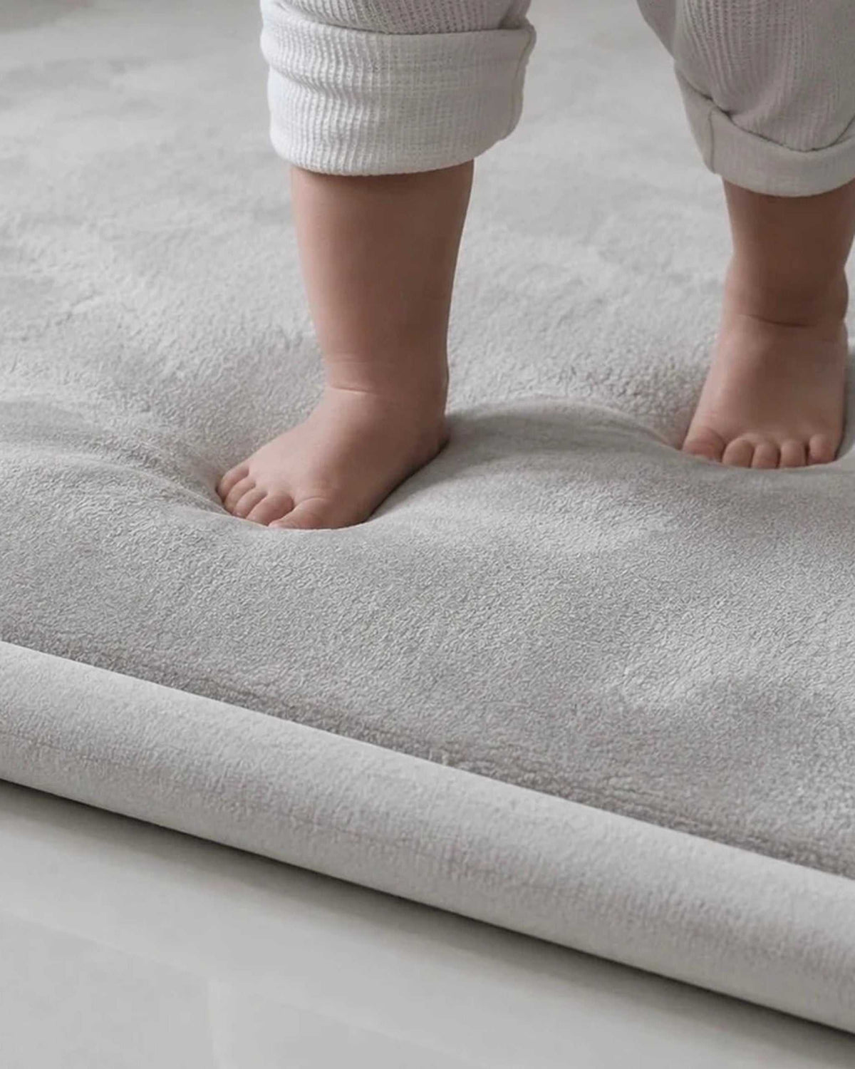 Close-up of a toddler's feet standing on a Light Grey Misk Mat 35mm memory foam mat.