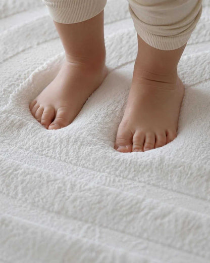 Close-up of a toddler's bare feet standing on the soft, textured surface of a Vanilla Cream Misk Mat memory foam mat.