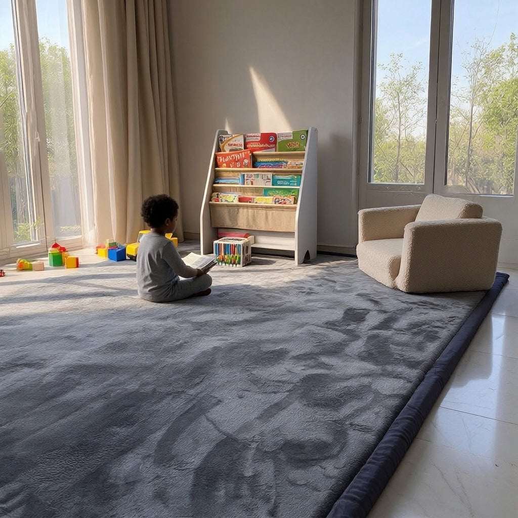 Child sitting and reading a book on a Dark Grey Misk Mat 35mm memory foam mat, next to a bookshelf and armchair.