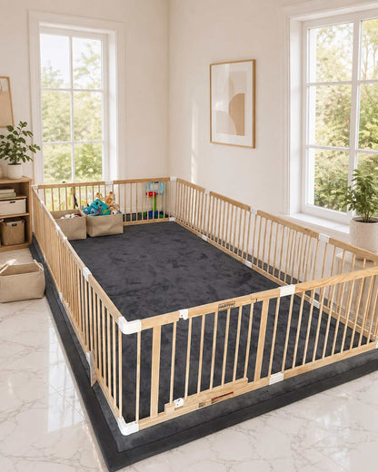 Dark Grey Misk Mat 35mm memory foam mat lining the base of a wooden playpen, with toy baskets and a plant in the corner.
