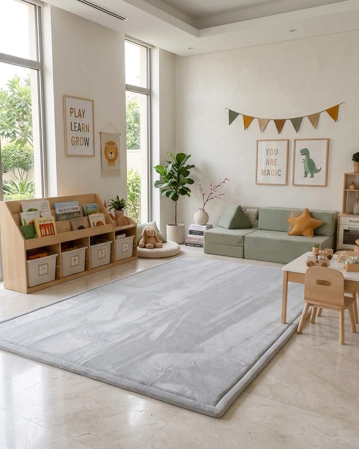 Light Grey Misk Mat 35mm memory foam mat in a colourful kids' playroom with a book rack, play sofa and reading corner.