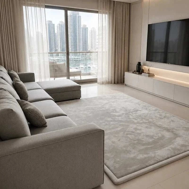 Light Grey Misk Mat 35mm memory foam mat in front of a grey sectional sofa, styled in a modern living room with a marina view.