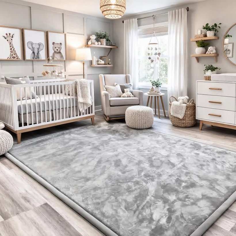 Light Grey Misk Mat 35mm memory foam mat in a baby nursery, styled with a crib, rocking chair and animal wall art.