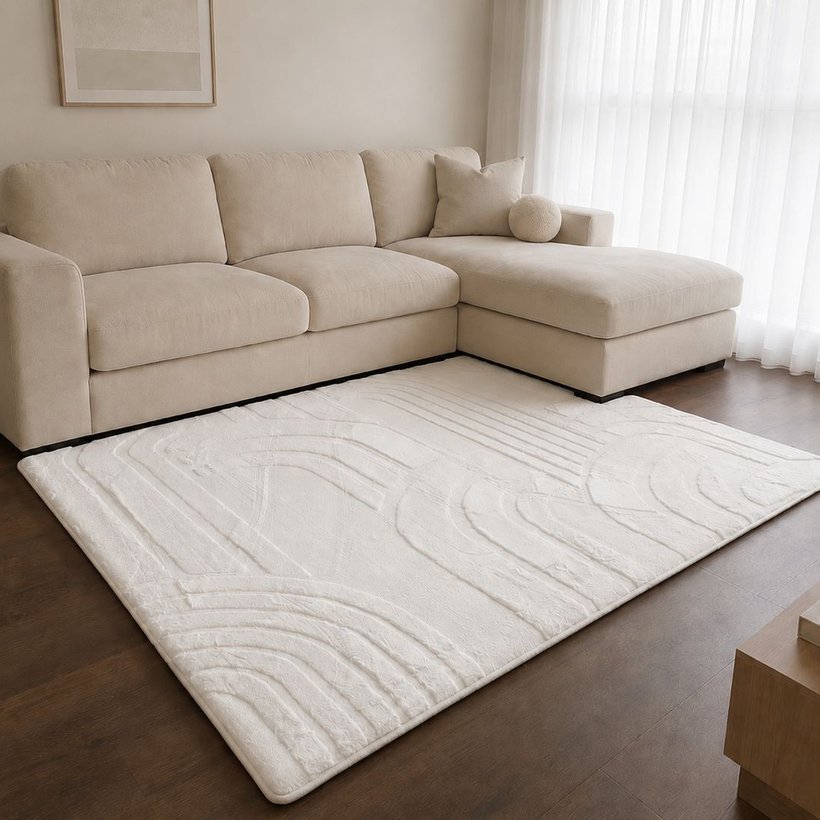 Vanilla Cream faux fur memory foam mat, in a modern living room