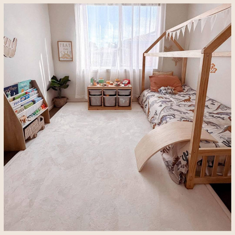 Beige memory foam carpet in a cozy UAE home – soft, non-toxic Misk Mat for babies, kids, and modern interiors