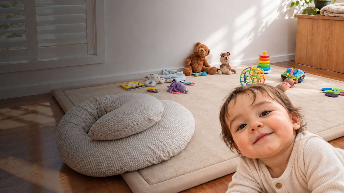 Smiling baby beside a beige Misk Mat memory foam mat in a bright family living room.